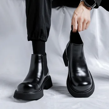 Нови Луксозни Черни Мъжки Ботильоны в Британския стил, Модельная Кожени обувки, Обувки на платформа без обков С кръгло бомбе, Сватбени обувки 