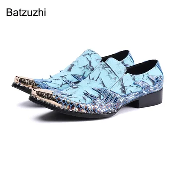 Batzuzhi / Маркова новост; мъжки обувки; сини официални кожени модела обувки с метално бомбе; мъжки работна, празнична и сватбена обувки; Мъжки