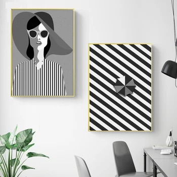Черно-бели райета фон, живопис върху платно, Дамски фотография, декорация на дома, монтиран на стената художествен плакат за всекидневната, без рамка