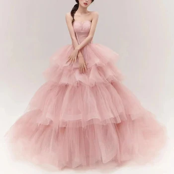 Нов Розов Пищни рокля С отворен гръб и Пластове Волани с Дължина до пода, Бална рокля Pornos De 15 Años За Бала, Vestidos 2023