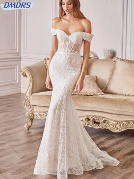 Елегантен халат булката с открити рамене, Класически апликации, Сватбена рокля, Бяло дантелено Дълга сватбена рокля-русалка, Robe De Mariée