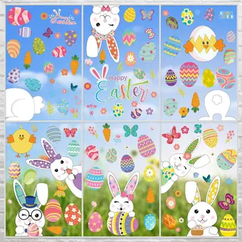 Мультяшные Великденски яйца YOUZI, етикети в прозореца със заек, самозалепващи стикери за стена, аксесоари за партита, Подаръци за декорация за Великден
