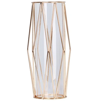 Геометрична стъклена ваза с метален група, кристално Прозрачна вътрешна ваза, Геометрична метална ваза с ръчна покритие