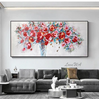 Картина масло от червено цвете на лененото платно, стенно изкуство, дизайн декорация за дома, абстрактно цвете произведение на изкуството, ръчно изработени, 3D-картина без рамка