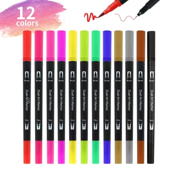 12 цвята, художник Оцветява връхчета, Fine & Brush, дръжка с двоен фитил, арт доставчик за colorization манга, планер рисунки, албум за албуми