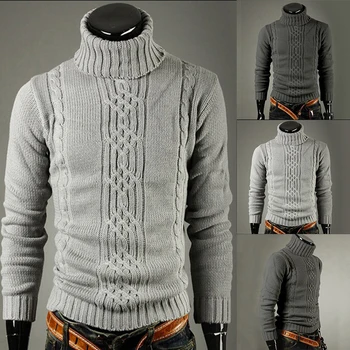Есенни и зимни модели, мъжки пуловер с висока воротом, топло модерен пуловер с нередовни переплетением цветове, вязаный пуловер