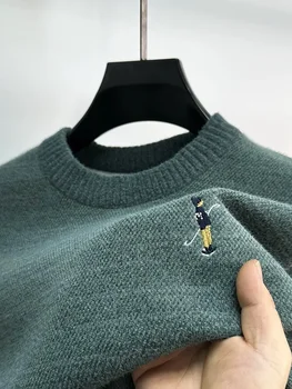 Модерен брендовый изискан пуловер с анимационни бродерия, мъжки пуловер 2023winter, модерен двупосочен плюшено сгъсти пуловер с кръгло деколте