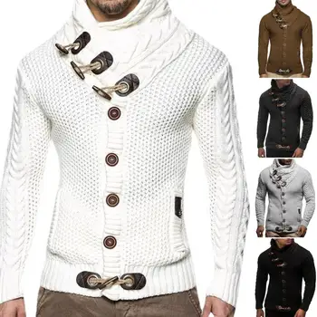 Модерен мъжки пуловер, стирающийся, оборудвана жилетка с висока яка, пуловер с роговыми бутони, дебел основен жилетка-пуловер за улицата