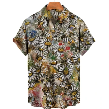 2023 Мъжки Хавайска Риза С Ревера И Цветни Принтом под формата На Растения, Лятна Ежедневни Риза За Почивка на Плажа, Свободната Реколта Риза Оверсайз