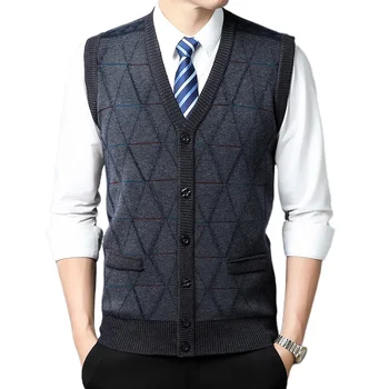 Есента мъжка жилетка 2023 г., безрукавка за бизнес отдих, модерен вязаный пуловер, топло майк с V-образно деколте и джобове