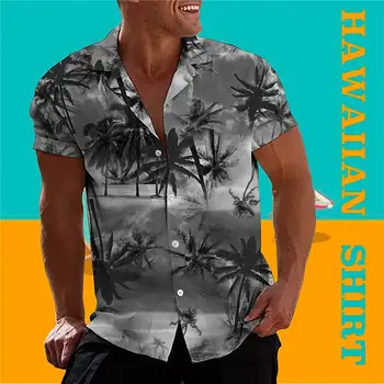 Мъжка риза, лятна хавайска риза, графични щампи с участието на фламинго, кокосова палма, отложной яка, ежедневни празнична облекло с къси ръкави и копчета