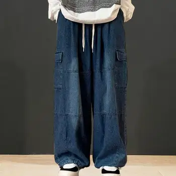 Дънки-карго Универсални панталони-карго Оверсайз Стилни Широки панталони с еластичен колан И много джобове за моден деним
