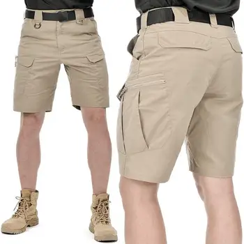 Летни мъжки къси панталони-карго с множество джобове, дължина до средата на талията, еластичен колан, бързо съхнещи ежедневни тактически панталони с ципове, улични