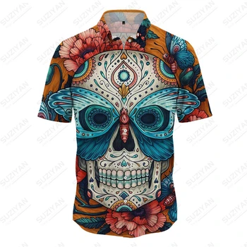 Хавайска риза с 3D принтом на Черепа, лятна жилетка копчета с къс ръкав, мъжки риза, Безгрижен случайни топ с къс ръкав, Лятото Хладно