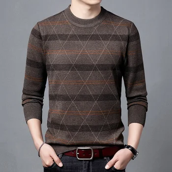 Модерен мъжки изолирана топли пуловери с полуприлегающим висока яка, есенно-зимни всекидневни плетени пуловери в карирани и шарени, блузи с дълъг ръкав