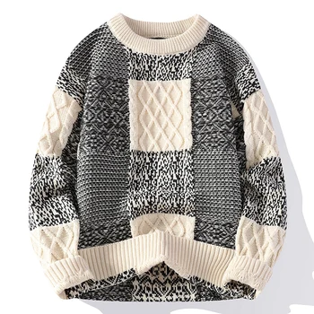 2023 Зимни мъжки топъл пуловер однотонного на цвят, с кръгло деколте и дълъг ръкав, вязаный мъжки пуловер, пуловер, зимна мода, нов топъл пуловер