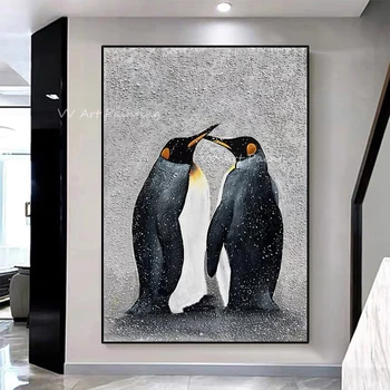 живопис с маслени бои под формата на животински пингвин на платно, модерна текстурирани живопис ръчно изработени, абстрактна живопис, колоритен пейзаж, интериор на хотела