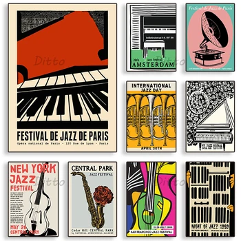Реколта плакати джаз фестивала Пиано, Китара, Саксофон Инструменти Живопис върху платно и щампи Монтиране на изкуството за домашен интериор