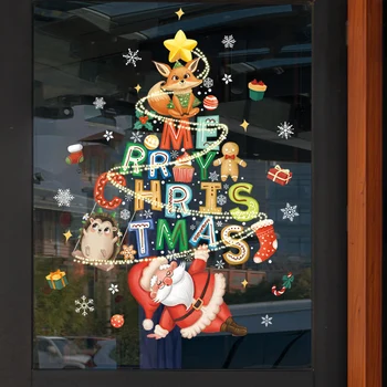 Коледни Стикери За Стъкло Карикатура На Дядо Коледа Лисица Таралеж Коледно Дърво Стикер На Стената Весела Коледа Интериор Натал Навидад 2024