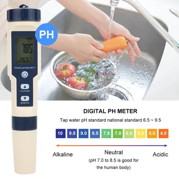 Преносим Цифров Измерител на PH / Солена / температура / TDS / ЕО 5 в 1, Многофункционален Тестер за качеството на водата, Детектор
