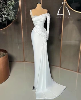 Haohao 2024, Нова бяла рокля на Русалка на едно рамо, Буйни Дълги ръкави, струята, пайети, Мъниста, Вечерни рокли по поръчка