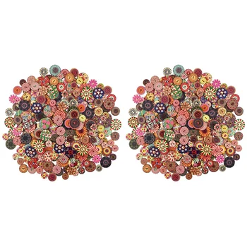 600шт Разноцветни кръгли дървени копчета, Копчета за бродерия с 2 дупки за художествено плетиво, шиене, украса със собствените си ръце