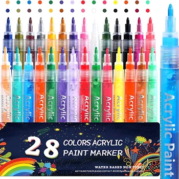 28 цвята, Комплект акрилни писалки с мастило на водна основа, 0,7 мм, акрилни дръжки с много тънък фитил, Набор от маркери за рисувани камъни, керамика, стъкло