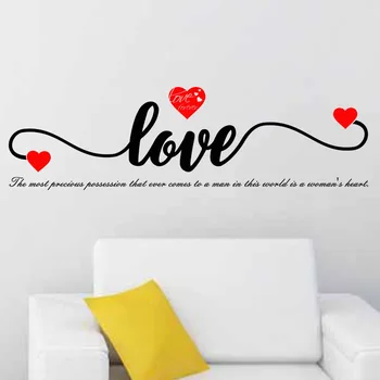 T132 # Романтична английски език буквата LOVE Heart Стикер на стената Начало декор Спалня хол Фонова рисувани Етикети за 