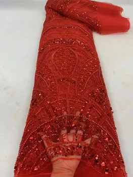 Луксозна Африканска лейси плат с тежки мъниста 2024 Червен цвят, високо качество на Нигерийските пайети, Френски тюл, Материал за сватбени партита