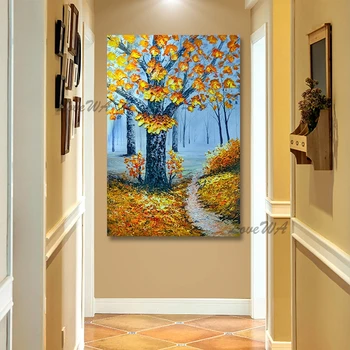 Ръчно рисувани горски пейзаж Есенна сцена Абстрактен нож Акрилна живопис Картина върху платно монтаж на стена арт Интериор на хотела Peace